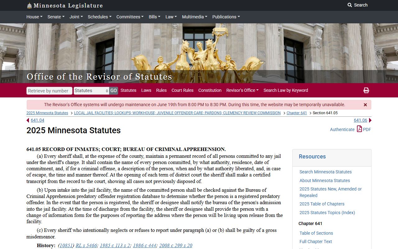 Minnesota Statutes section 641.05 sheriff permanent jail record requirement