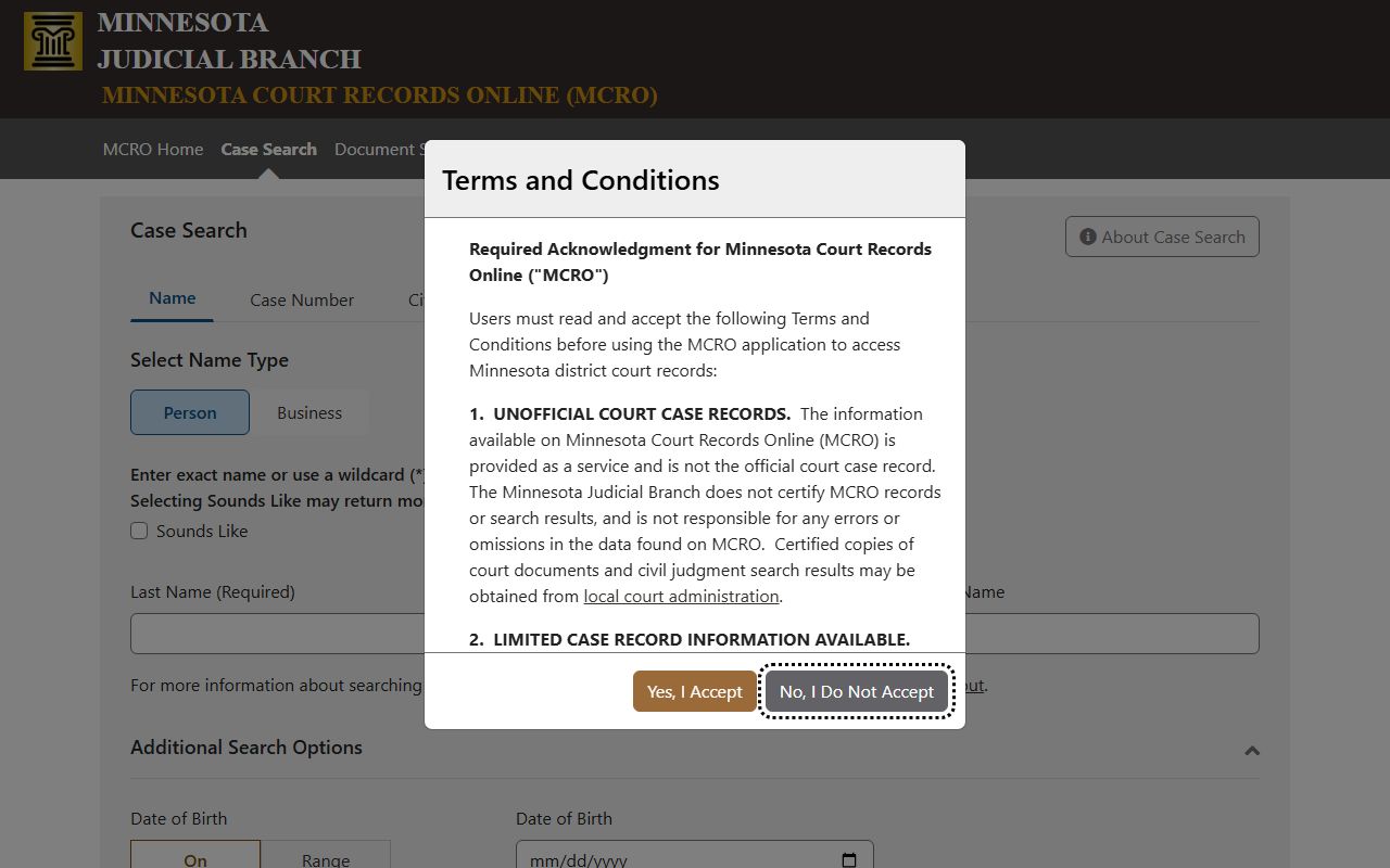 Minnesota Court Records Online case search portal entry screen