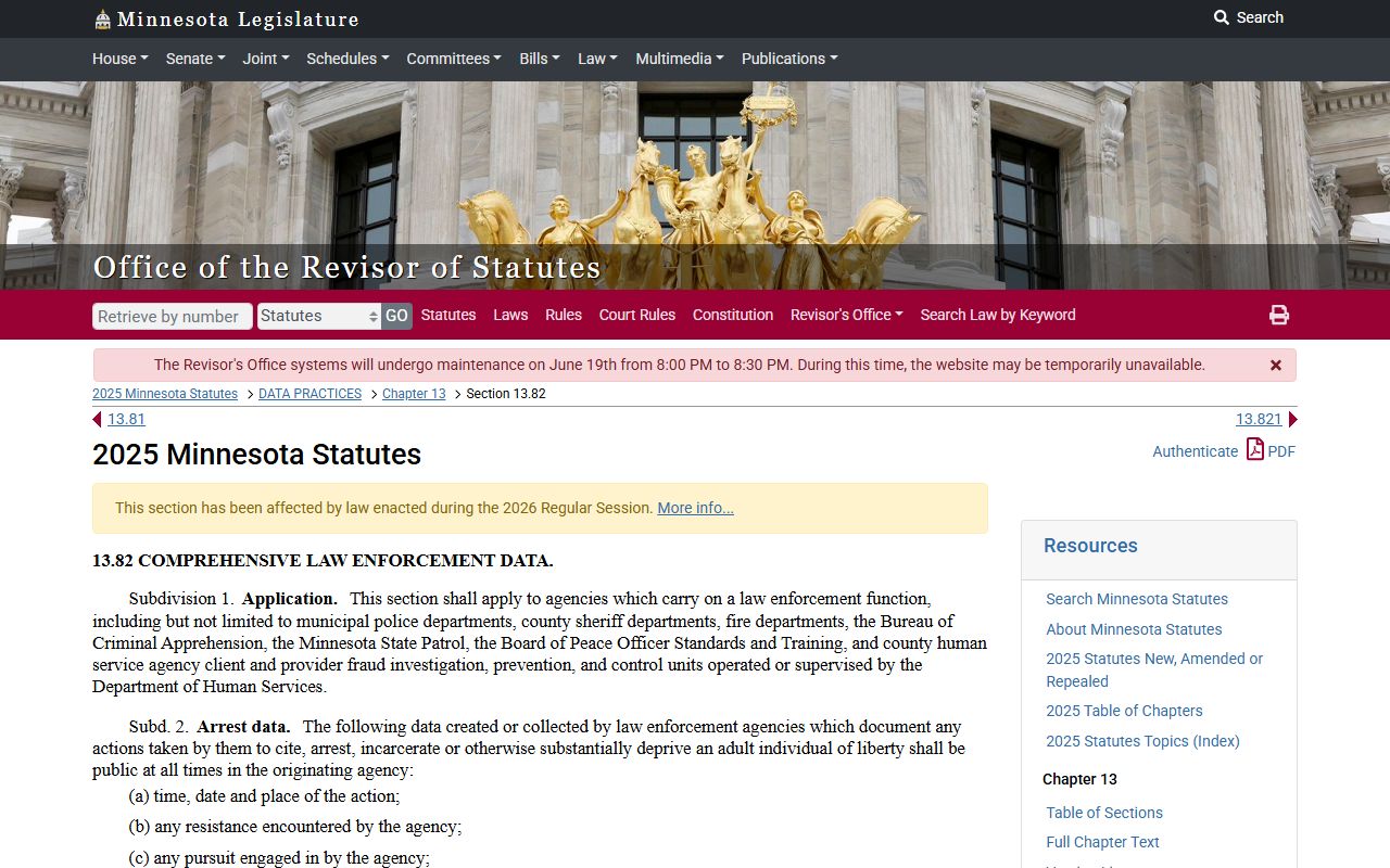 Minnesota Statutes section 13.82 law enforcement data and booking photograph provisions